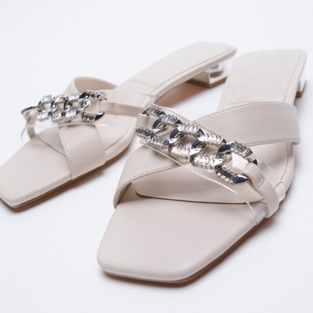Zara chain trim low heel vinyl detail sandals